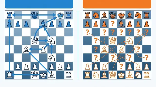 Two chessboards side by side. The left shows a real game position with arrows tracing the relationships between pieces. The right shows the same pieces scrambled at random, overlaid with question marks and tangled dashed lines.