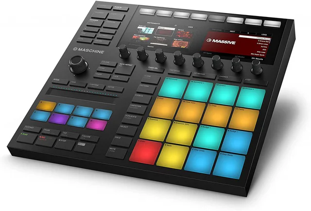 Maschine music controller with a grid of colored drum pads, a small screen and rows of knobs