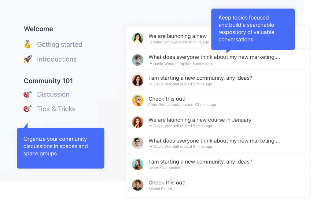 Circle community platform screen with spaces on the left and a feed of discussion threads on the right