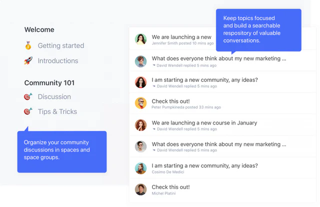Circle community platform screen with spaces on the left and a feed of discussion threads on the right