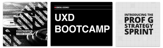Three course cover cards: Contagious Summer Bootcamp, General Assembly UXD Bootcamp and Prof G Strategy Sprint