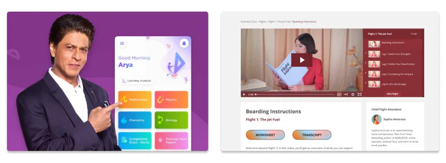 Two learning apps: Byju's phone app with a celebrity pointing at subject tiles, and a Business Class video lesson page
