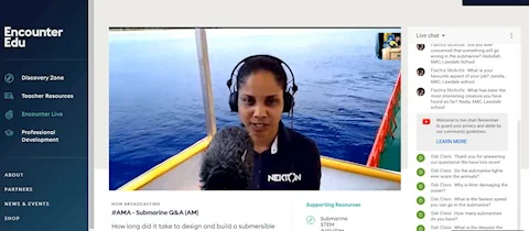 EncounterEDU live stream page with a presenter on a boat answering questions, and a live chat panel on the right