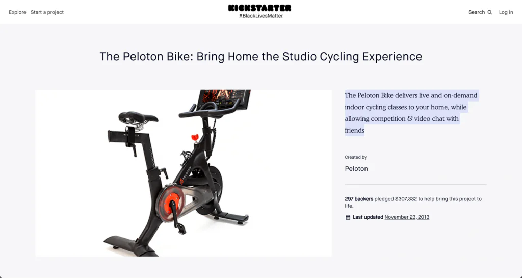 Kickstarter page for the Peloton Bike, showing the bike and 297 backers pledging $307,332 in 2013