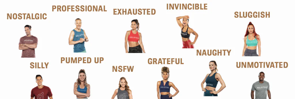 Ten Peloton instructors, each labeled with a mood such as Nostalgic, Exhausted, Invincible, Grateful or Unmotivated