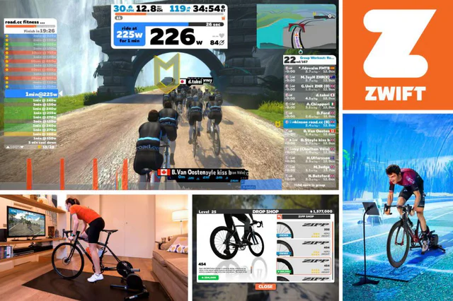 Collage of Zwift screens: a virtual group ride with live stats and leaderboard, a rider on an indoor trainer, and a bike shop menu