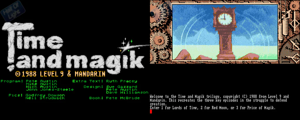 Title screen of the 1988 text adventure Time and Magik, with a clock tower illustration and credits