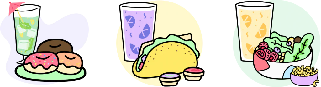 Illustrations of three meals, each with a drink: doughnuts, a taco, and a salad bowl, standing for three workshop flavors.