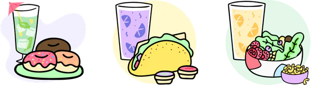 Illustrations of three meals, each with a drink: doughnuts, a taco, and a salad bowl, standing for three workshop flavors.