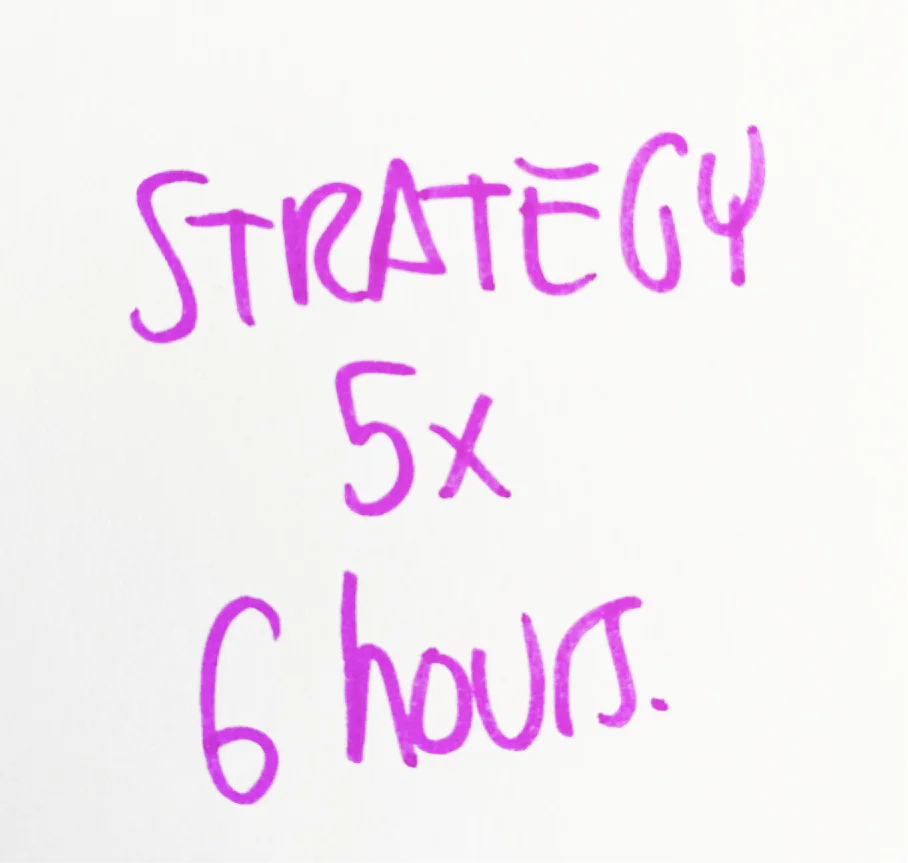 Handwritten note in purple marker: Strategy, 5x 6 hours.