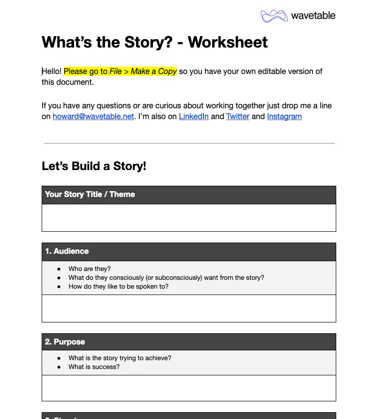 Wavetable worksheet titled What's the Story?, with boxes for story title, audience and purpose