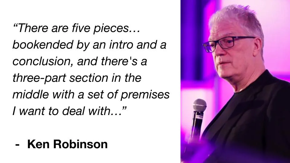 Slide quoting Ken Robinson on structure: an intro, a conclusion and a three-part middle, beside a photo of him speaking