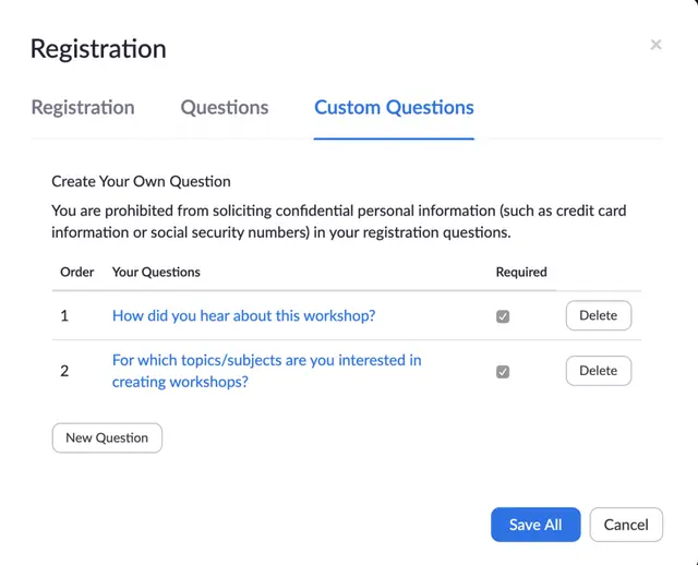 Zoom registration dialog with two required custom questions about how people heard of the workshop and their topics