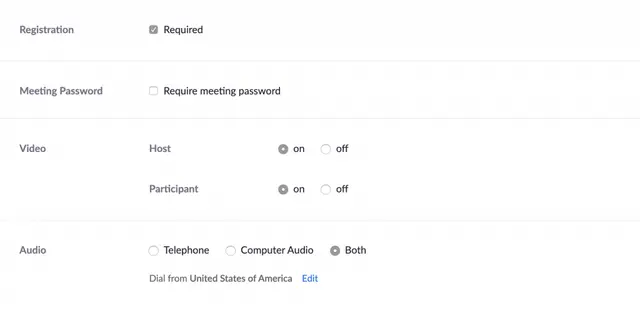 Zoom settings with registration required, no password, and host and participant video on