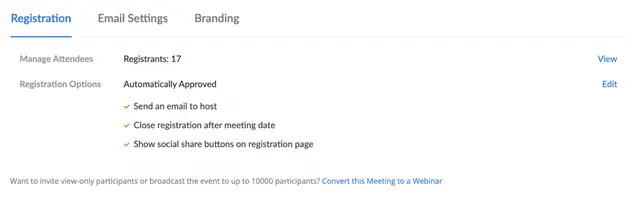 Zoom registration tab showing 17 registrants, automatic approval and email-to-host options