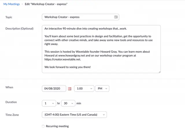 Zoom meeting settings page for a 90-minute session titled "Workshop Creator - express" with its description and time