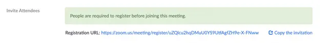 Zoom invite section stating people must register before joining, with the registration URL
