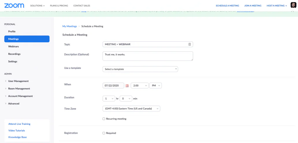 Zoom schedule-a-meeting page with the topic "MEETING > WEBINAR" and registration unchecked