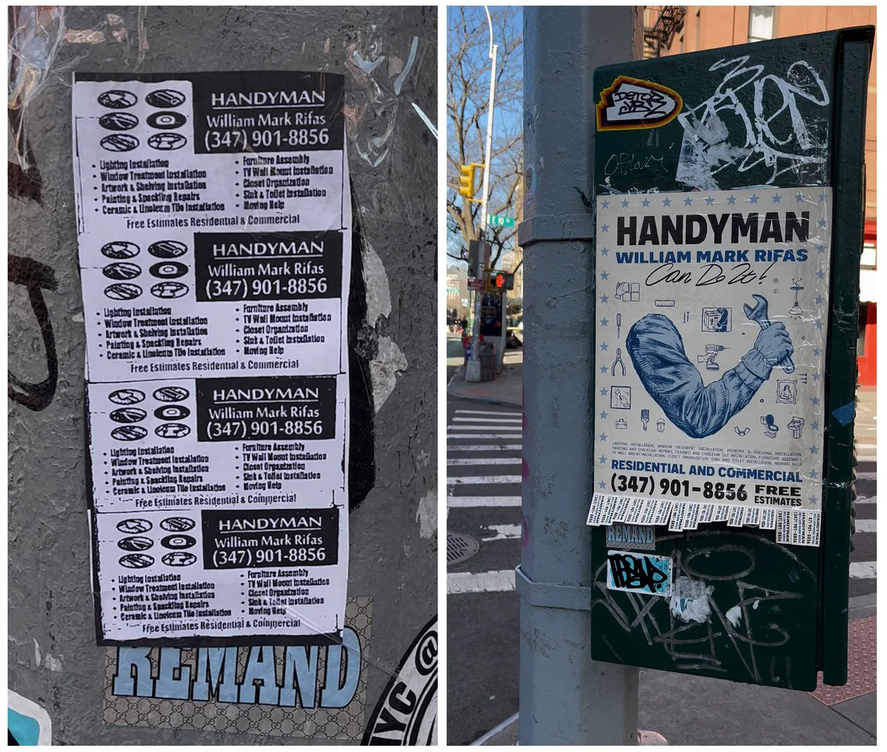 Two handyman posters on NYC street fixtures: a crowded black-and-white flyer and a redesigned poster with a blue illustrated arm holding a wrench.