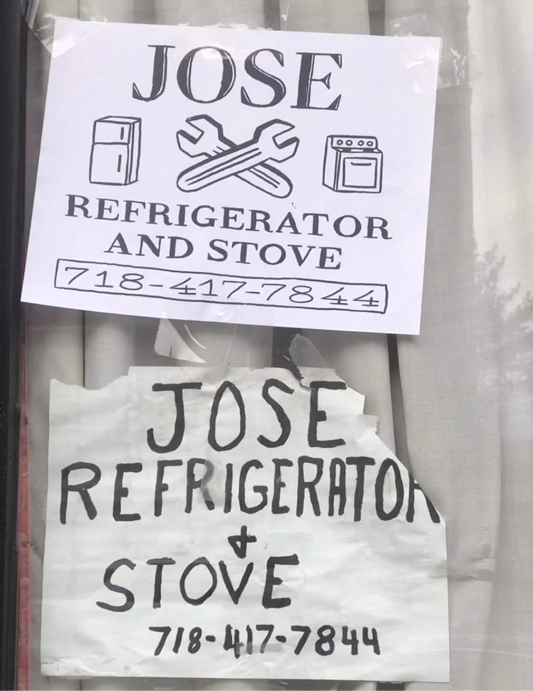 Two window signs for refrigerator and stove repair: a hand-lettered one and a tidier redesign with wrench and appliance drawings.