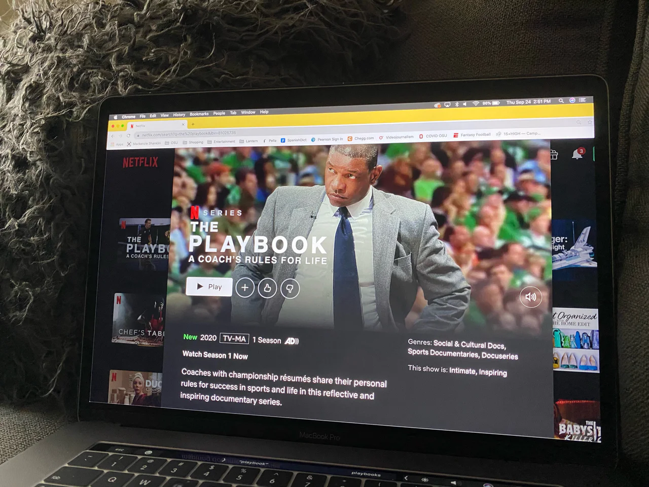 Laptop showing the Netflix page for The Playbook: A Coach's Rules for Life