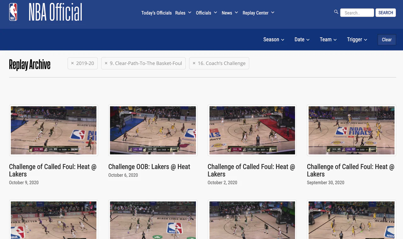 NBA Official Replay Archive page, filtered to coach's challenges, showing a grid of game replay clips