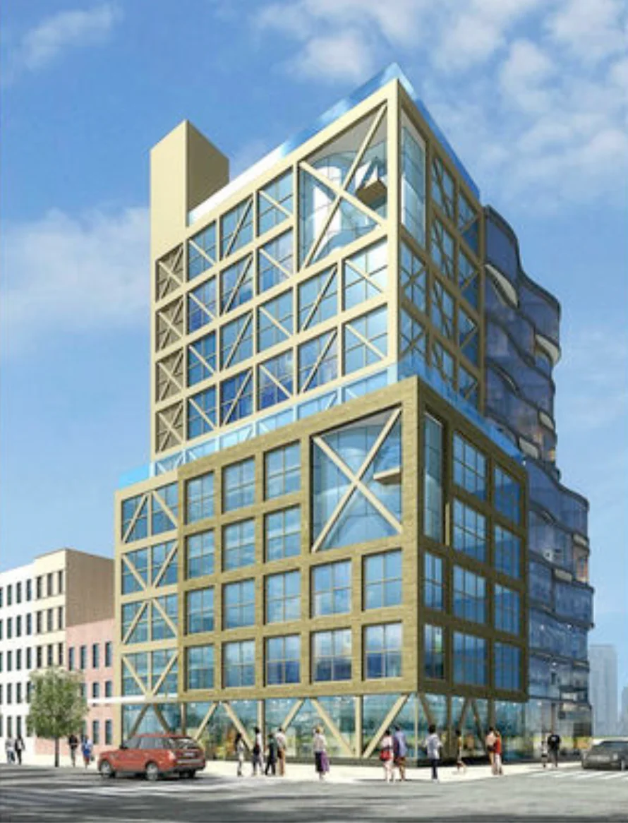 Rendering of a 10-story glass and steel building on West 14th St in New York, a visual for how high 100ft is