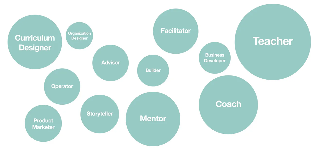 Bubble chart of roles an educator can play, with Teacher, Coach, Mentor and Curriculum Designer the largest