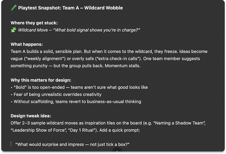 GPT playtest snapshot describing where Team A gets stuck on a wildcard move, why it matters, and a design tweak idea