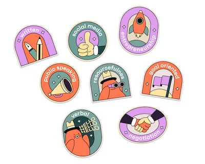 Set of eight skill badges including written, social media, public speaking, negotiation and entrepreneurship