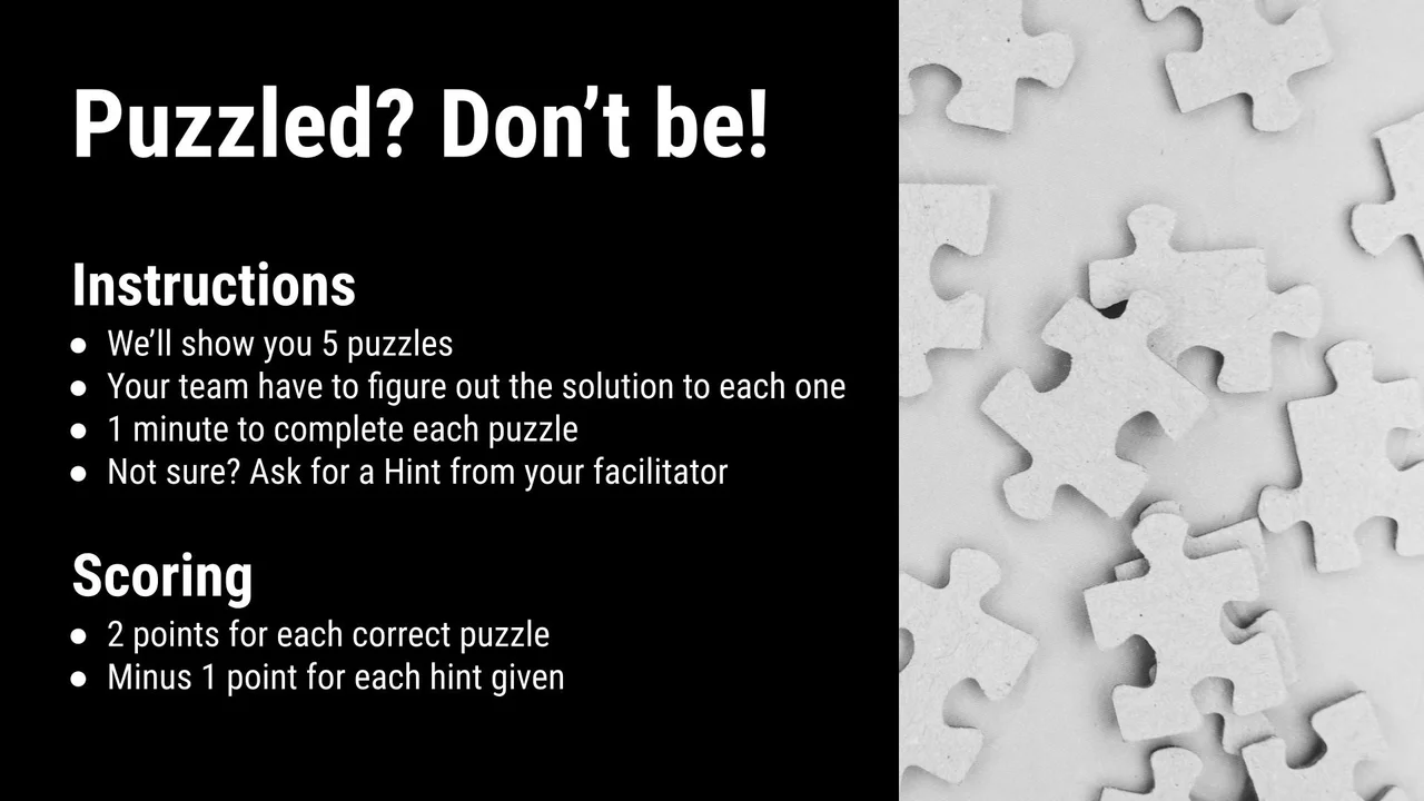 Escape room briefing slide, Puzzled? Don't be!, with instructions and scoring for five timed puzzles