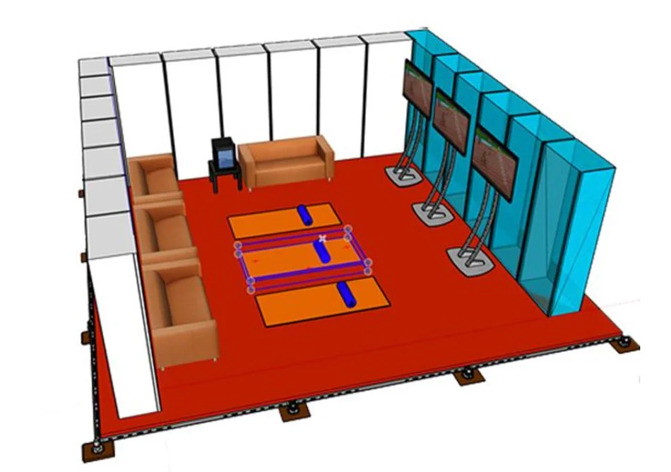 3D mock-up of the Q Room with sofas, stretch mats, and TV screens on a red floor