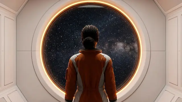 Astronaut in an orange suit seen from behind, looking out a round spaceship window at stars.