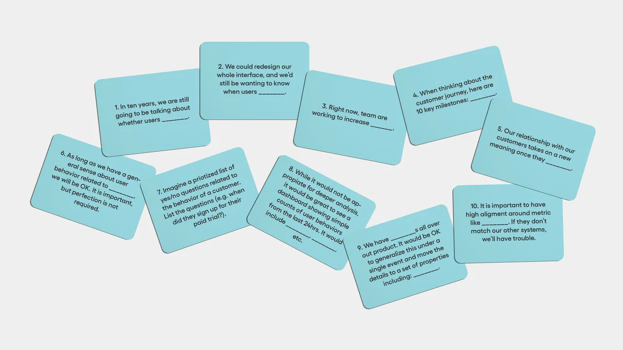 Ten fill-in-the-blank cards starting "In ten years, we are still going to be talking about whether users..."