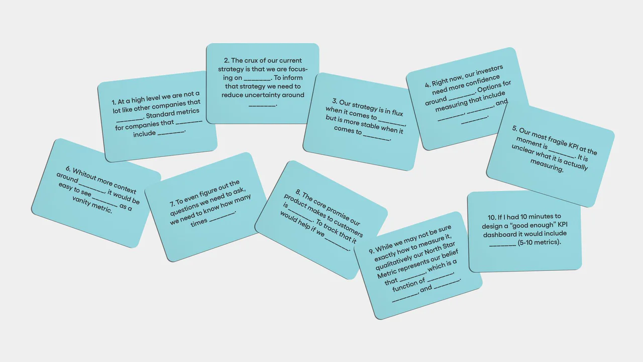 Ten fill-in-the-blank cards about strategy, KPIs and North Star metrics
