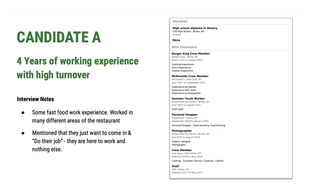 A one-page candidate file headed Candidate A: 4 years of working experience with high turnover, with interview notes and a resume.