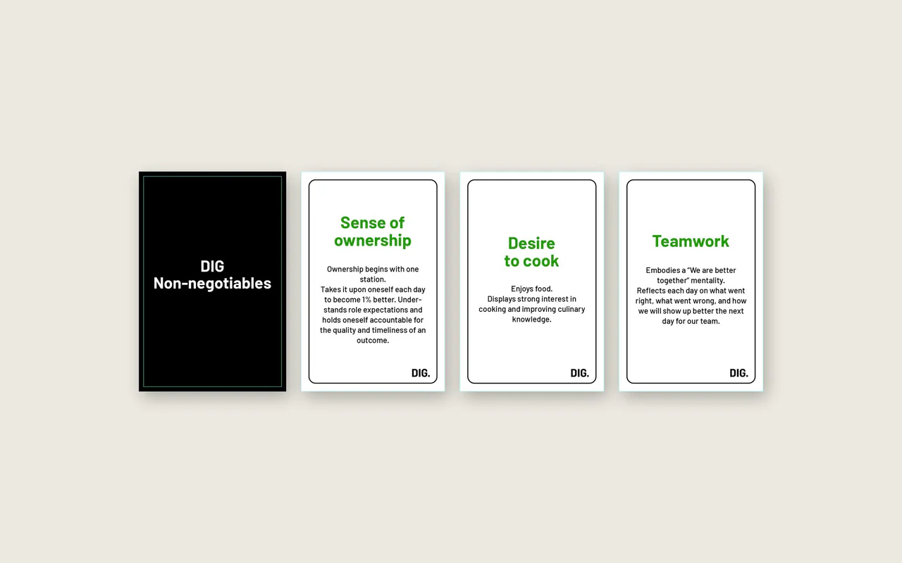 A black card reading DIG Non-negotiables beside three cards: Sense of ownership, Desire to cook, Teamwork.