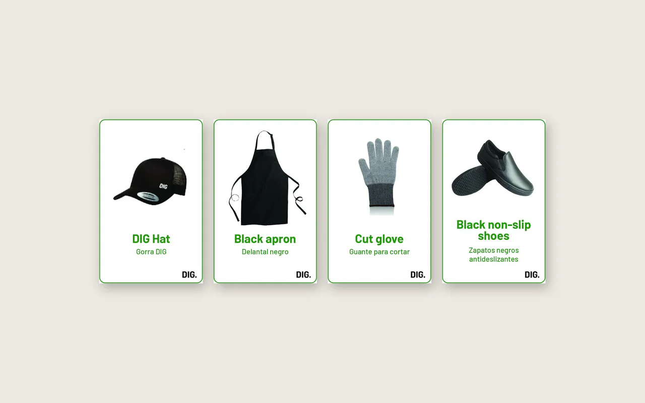 Four DIG cards, each with a photo and a name in English and Spanish: DIG Hat, Black apron, Cut glove, Black non-slip shoes.