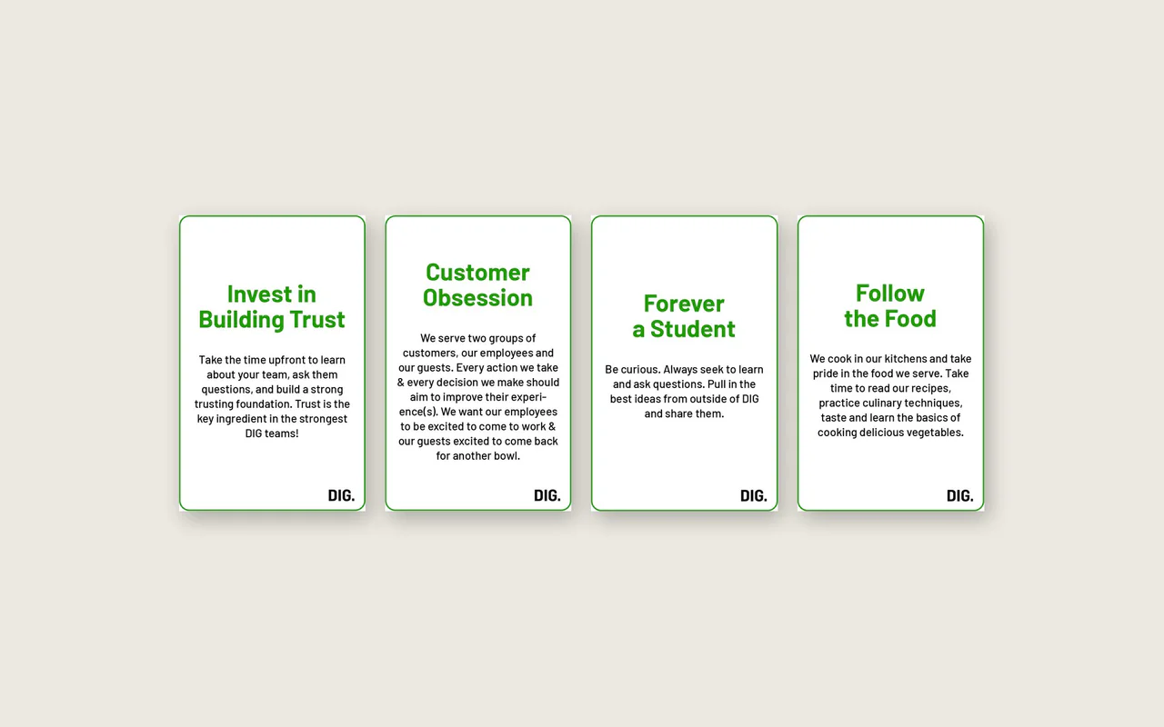 Four DIG values cards in green and white: Invest in Building Trust, Customer Obsession, Forever a Student, Follow the Food.