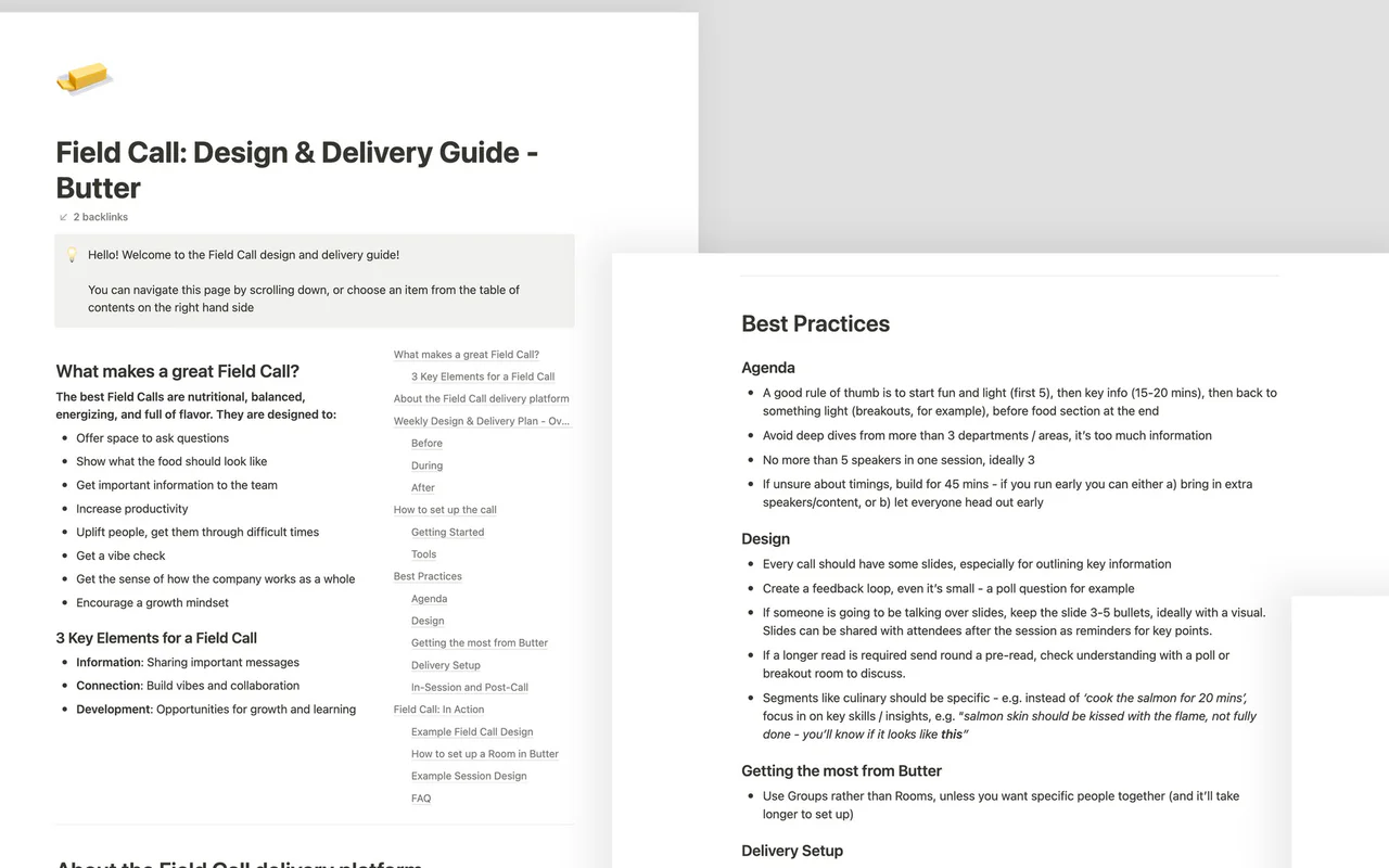 Three pages of the Field Call design and delivery guide, covering what makes a good call, best practices and getting started.