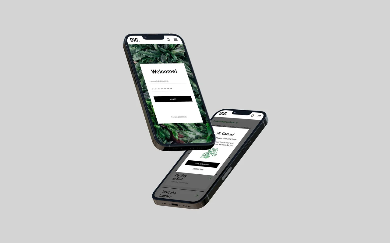 Two phones showing the prototype DIG learning app: a welcome login and a first-time tour with My Day and Library links.