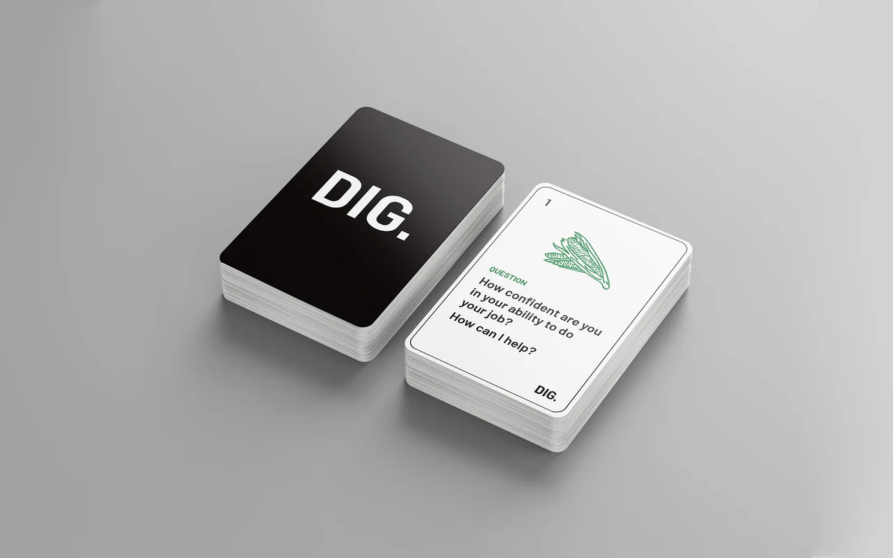 Two stacks of DIG cards, one black-backed and one face up asking: How confident are you in your ability to do your job? How can I help?