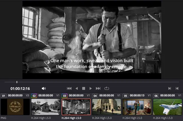 A video edit timeline with a black-and-white shot of a man at work over a pan, subtitled: One man's work, sweat, and vision built the foundation of a family empire.