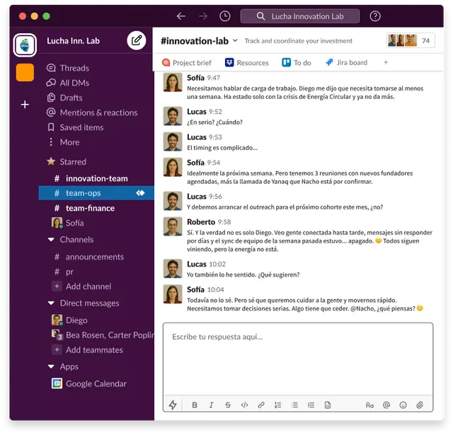 A Slack channel for the Lucha Innovation Lab: the team discusses, in Spanish, a colleague who needs a week off, and asks Nacho what he thinks.