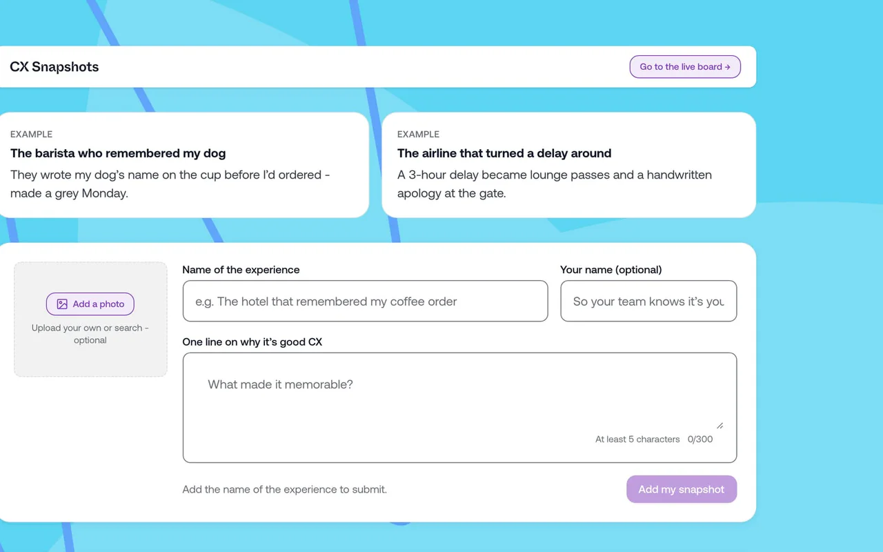 The CX Snapshots board: two example snapshots and a form to add your own.