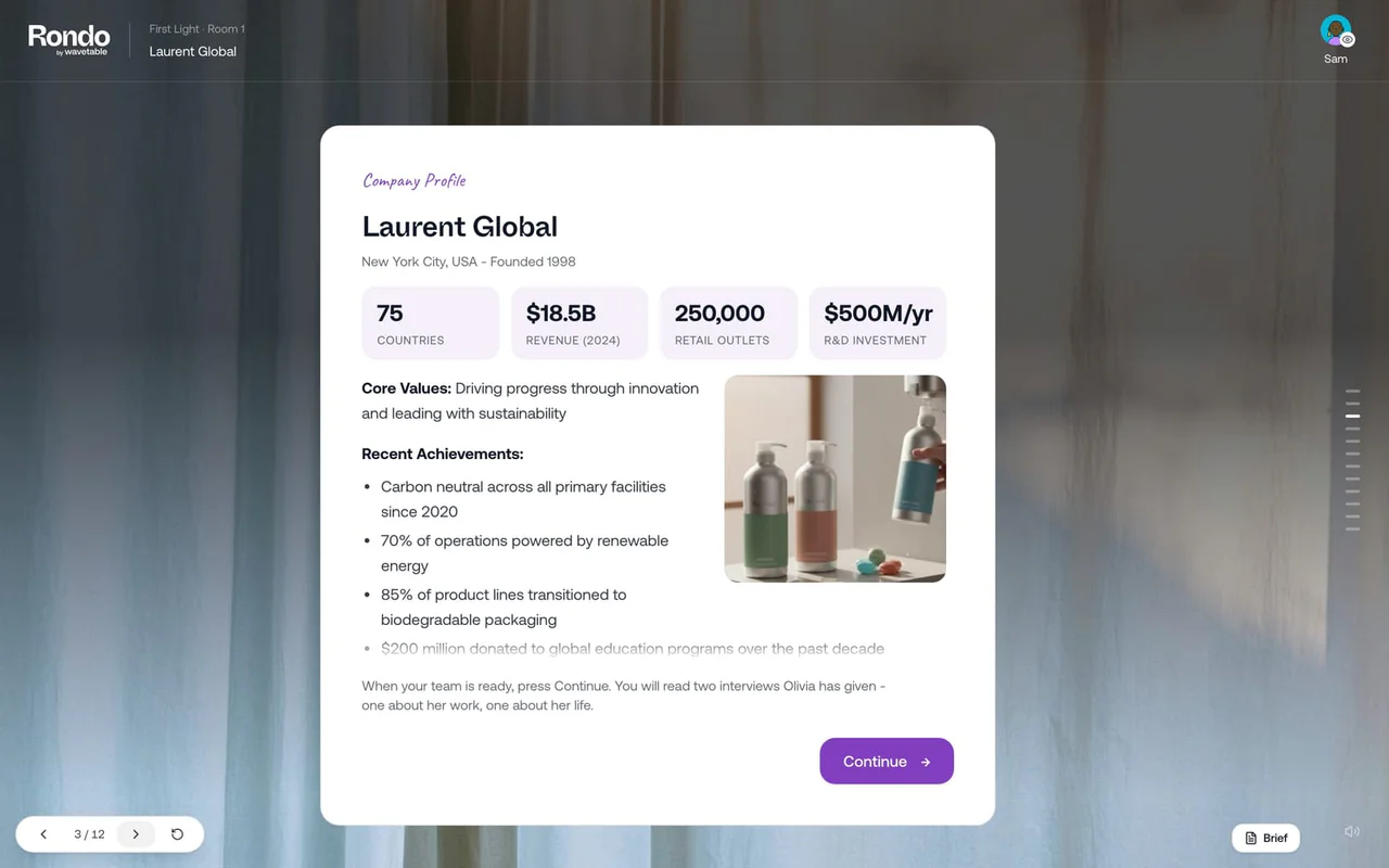 A company profile card for Laurent Global with four figures and a list of achievements.