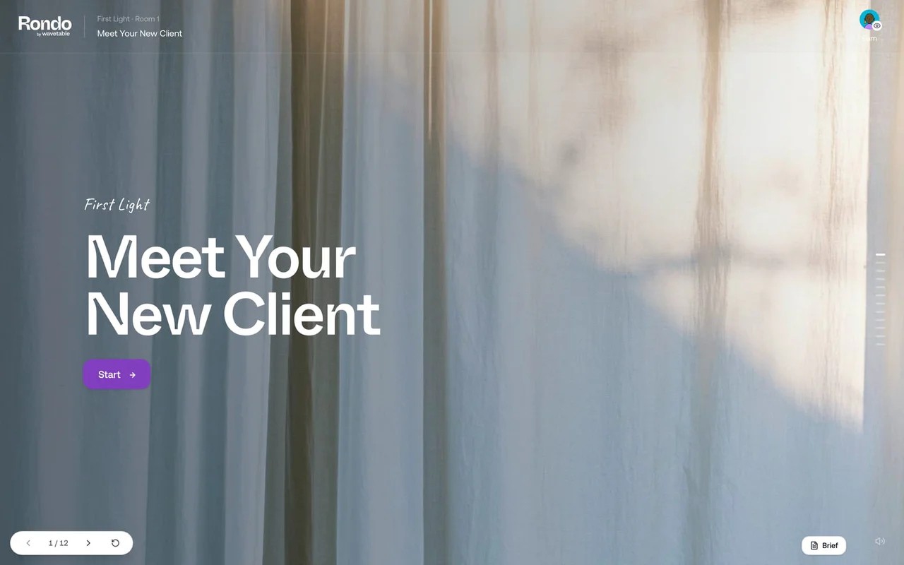 The opening screen of First Light: Meet Your New Client, over a curtained window.