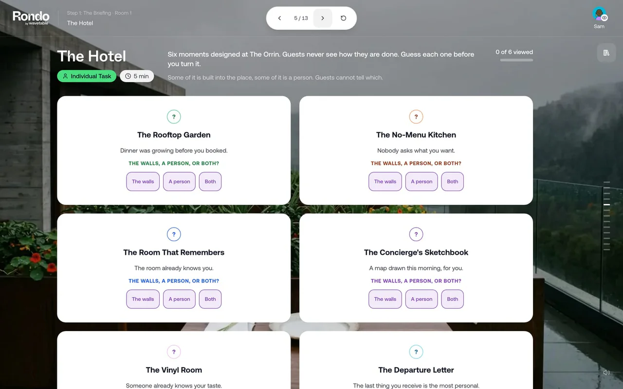 Six cards over the hotel, each a moment such as The Rooftop Garden and The No-Menu Kitchen, with three answers to choose from.