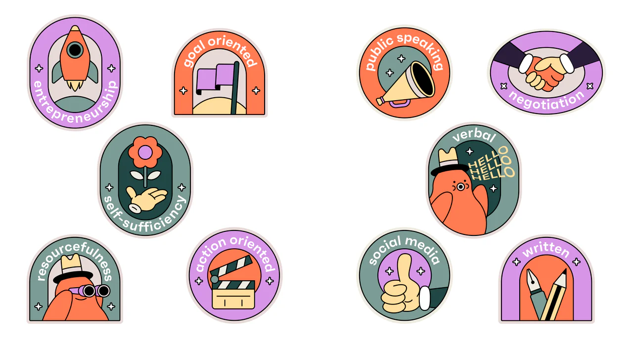 Ten illustrated skill badges, including entrepreneurship, negotiation, public speaking, written and social media
