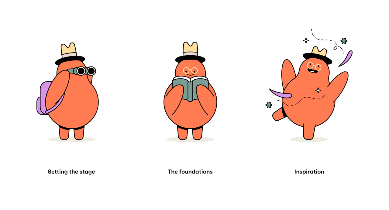 Orange mascot in a hat shown three ways: with binoculars (Setting the stage), reading (The foundations) and cheering (Inspiration).